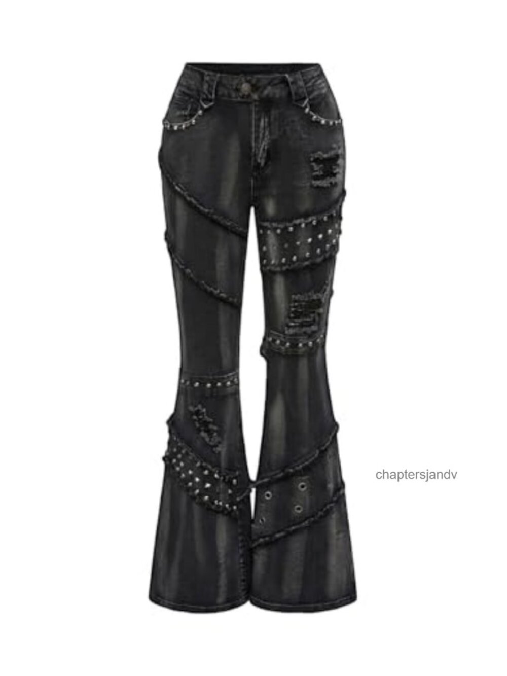 Rivet Flare Jeans Low Rise Ripped Bell Bottom Denim Pants Grunge Punk